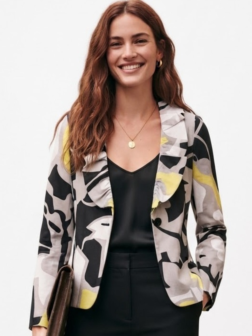 Sandro Paris Black Yellow Abstract Print Ruffled Collar Blazer Jacket Size M